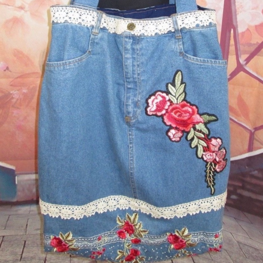 Custom Handmade Denim Blue Jeans Long Handbag with Roses and Lace 20" W x 23" L